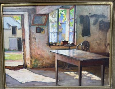 un tableau représentant une pièce avec une table et une chaise