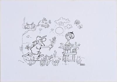 dessin humoristique représentant un homme et une femme jouant au baseball dans un champ