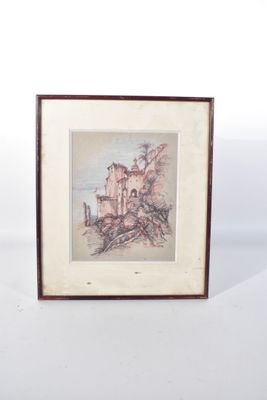 tableau représentant un château avec un arbre au premier plan