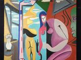 tableau représentant une femme assise devant un tableau représentant un homme et une femme