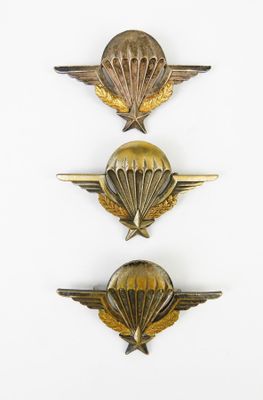 trois insignes militaires sur une surface blanche, sur fond blanc