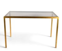 Bureau en fer forgé doré et plateau rectangulaire en verre f…