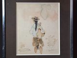 tableau représentant un homme avec un chien et un chat posés sur une étagère
