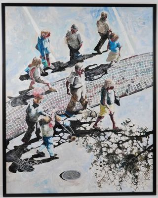 a painting of a group of people walking down the street