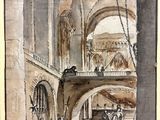 dessin représentant la façade d'un bâtiment avec un escalier et une horloge