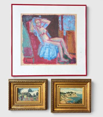 two framed paintings of a woman sitting in a chair and a painting of a woman sitting in a chair