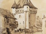 painting of a man walking down a street past a castle