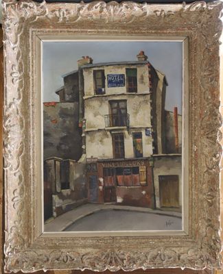 une peinture à l'huile représentant un bâtiment sur lequel figure un panneau de rue