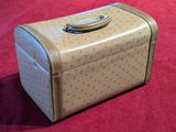 a small tan suitcase sitting on a red surface