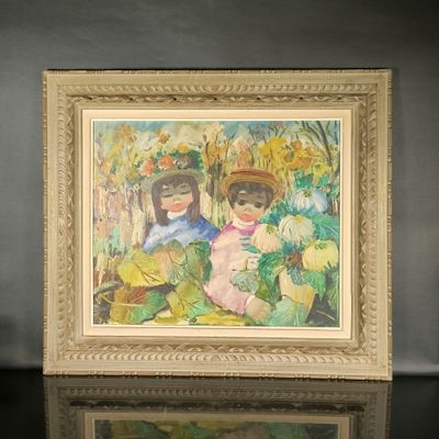 a picture of a painting of two women in a garden