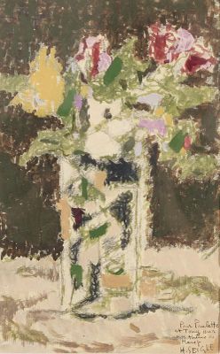 tableau représentant un vase rempli de fleurs posé sur une table