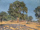 un tableau représentant un champ avec des arbres et des personnages