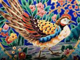 painting of a bird on a blue background with flowers and leaves