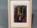 painting of a knight holding a sword in a wooden frame on a gray surface