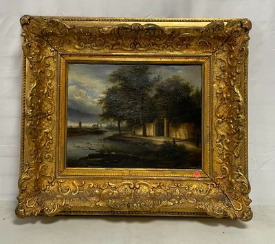 une peinture à l'huile représentant un paysage avec une rivière au premier plan et un château au loin