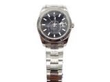 rolex stainless steel watch with black dial and bezel