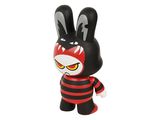 a close up of a toy with a black and red striped shirt