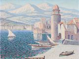 a painting of boats on the water near a lighthouse