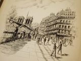 drawing of a street scene with people walking on the sidewalk and a building