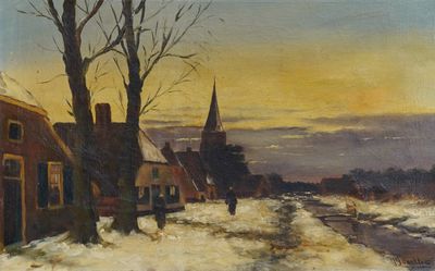 an oil painting of a snowy street with a church in the background