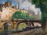 tableau représentant un pont sur une rivière, avec un château en arrière-plan