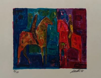 a painting of a horse and a man standing next to each other