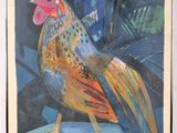 peinture représentant un coq posé sur une table, sur fond bleu