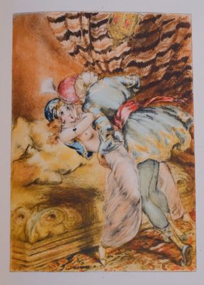 an image of a painting of a woman in a dress and a man on a horse