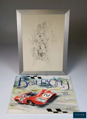 une image représentant un livre sur lequel figure le dessin d'une voiture de course rouge