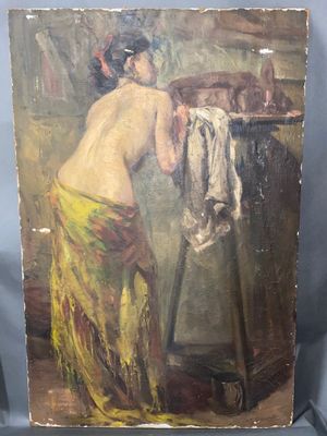 une peinture à l'huile représentant une femme en train de laver son linge dans une buanderie