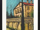 tableau représentant une maison sur un pont, avec un toit rouge
