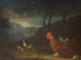 Peinture représentant une poule et ses poussins dans un paysage avec une montagne en arrière-plan