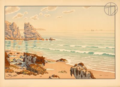 an image of a painting of a beach with rocks and water
