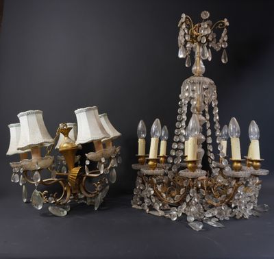 two chandeliers with lamps and lampshads on a table