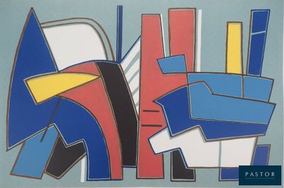 une peinture abstraite composée de formes bleues, rouges et jaunes sur un fond bleu