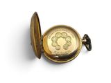 an image of a gold pocket watch on a white surface