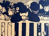 a drawing of a group of people sitting in a crib