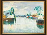 une peinture à l'huile d'une scène portuaire avec des bateaux dans l'eau