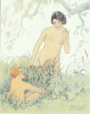 une image représentant un tableau où l'on voit deux hommes nus dans l'herbe