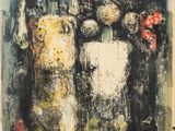 an image of a painting of a group of people standing in front of a building