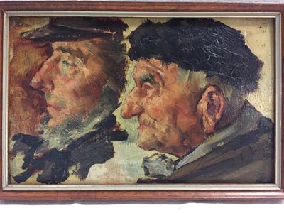 tableau représentant deux hommes en chapeau et cravate qui se regardent