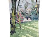 an image of a painting of a garden with trees and flowers