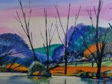 painting of a colorful landscape with trees and a lake in the foreground