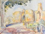 a watercolor painting of a building with a tree in the foreground