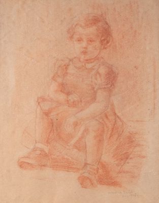 un vieux dessin représentant une jeune fille assise sur une chaise
