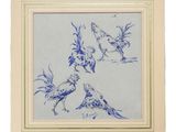 un dessin en bleu et blanc représentant deux oiseaux sur un fond bleu