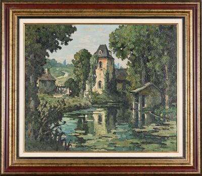 an image of a painting of a castle by a river