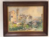 an oil painting of a village with a church in the background