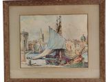 painting of a sailboat in a harbor with a city in the background