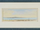 an image of a painting of a beach scene with a lighthouse in the distance